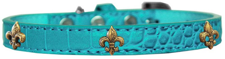 Bronze Fleur De Lis Widget Croc Dog Collar Turquoise Size 18